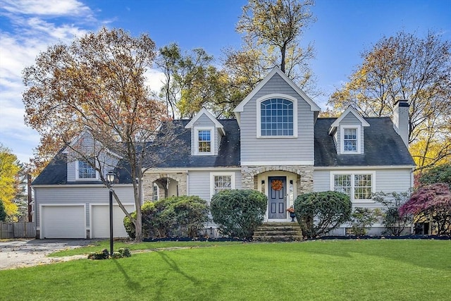 new england style home with a front lawn and a garage