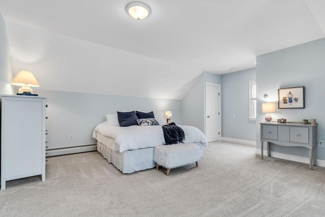 carpeted bedroom with lofted ceiling and a baseboard radiator