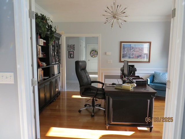 71 Frasier Ln, Tewksbury, MA 01876 - office with light wood-style flooring, ornamental molding, and a chandelier