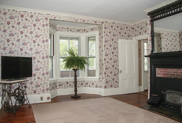 97 Newton St, Marlborough, MA 01752 - living area with wood finished floors, crown molding, wallpapered walls, and a wood stove