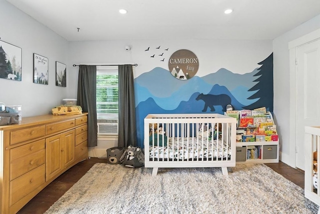 97 Newton St, Marlborough, MA 01752 - bedroom featuring a crib, dark wood-type flooring, and recessed lighting