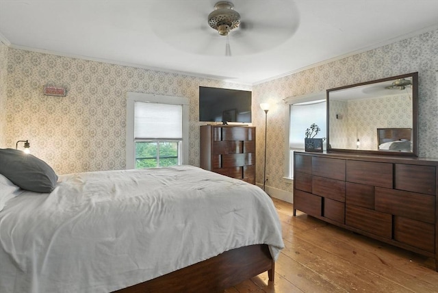 97 Newton St, Marlborough, MA 01752 - bedroom with hardwood / wood-style flooring, wallpapered walls, ornamental molding, and a ceiling fan