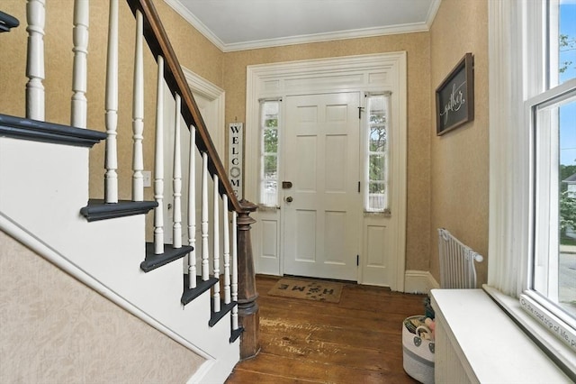 97 Newton St, Marlborough, MA 01752 - foyer entrance featuring wood-type flooring, radiator, crown molding, and stairs