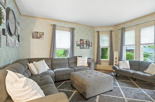 97 Newton St, Marlborough, MA 01752 - living room with wallpapered walls, ornamental molding, and wood finished floors