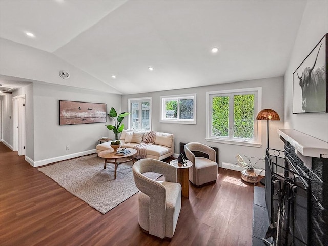 78 Howland Rd, Stoughton, MA 02072 - living area featuring wood finished floors, lofted ceiling, baseboards, a fireplace, and recessed lighting