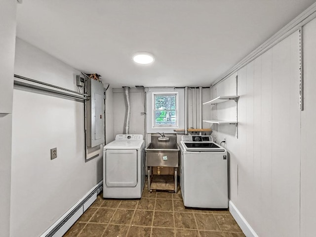 78 Howland Rd, Stoughton, MA 02072 - laundry area with separate washer and dryer, a baseboard radiator, baseboards, a sink, and electric panel