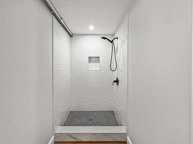 78 Howland Rd, Stoughton, MA 02072 - bathroom with tiled shower, baseboards, and recessed lighting