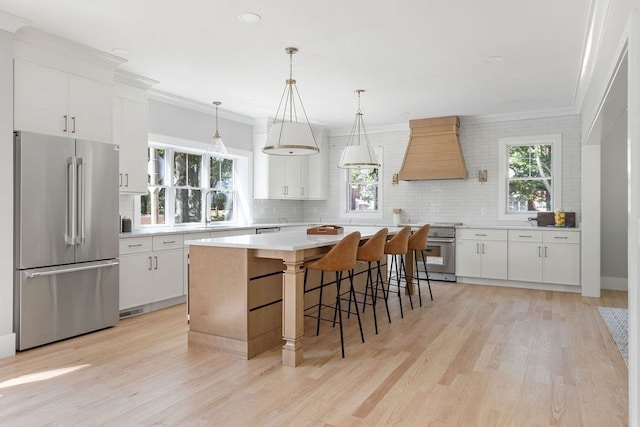 kitchen with custom exhaust hood, stainless steel appliances, and white cabinetry