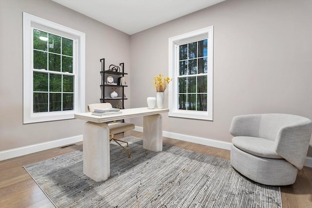 home office featuring wood finished floors and baseboards