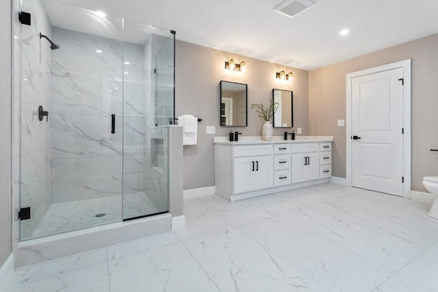 full bathroom with baseboards, marble finish flooring, a marble finish shower, double vanity, and recessed lighting