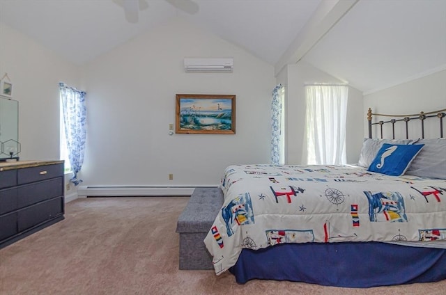 3 Riverside Dr, Mattapoisett, MA 02739 - bedroom featuring an AC wall unit, lofted ceiling, a baseboard radiator, multiple windows, and carpet flooring