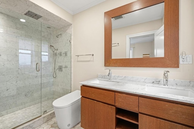 bathroom with walk in shower, crown molding, vanity, and toilet