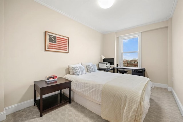 bedroom with light carpet and ornamental molding