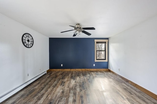 spare room with baseboard heating, ceiling fan, and dark hardwood / wood-style flooring