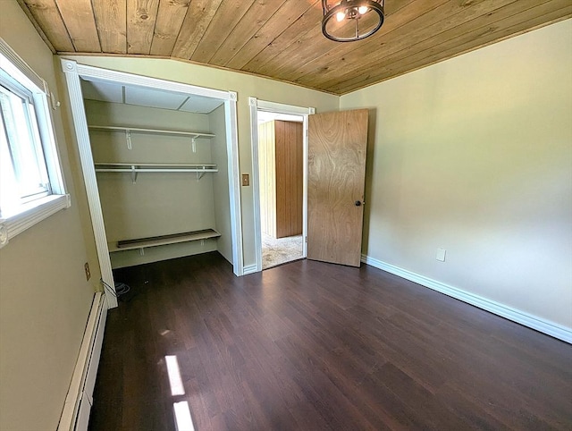 22 Newton Ave, Tewksbury, MA 01876 - unfurnished bedroom featuring wood ceiling, baseboard heating, dark wood finished floors, and a closet