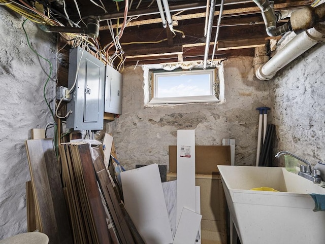 below grade area with a sink and electric panel