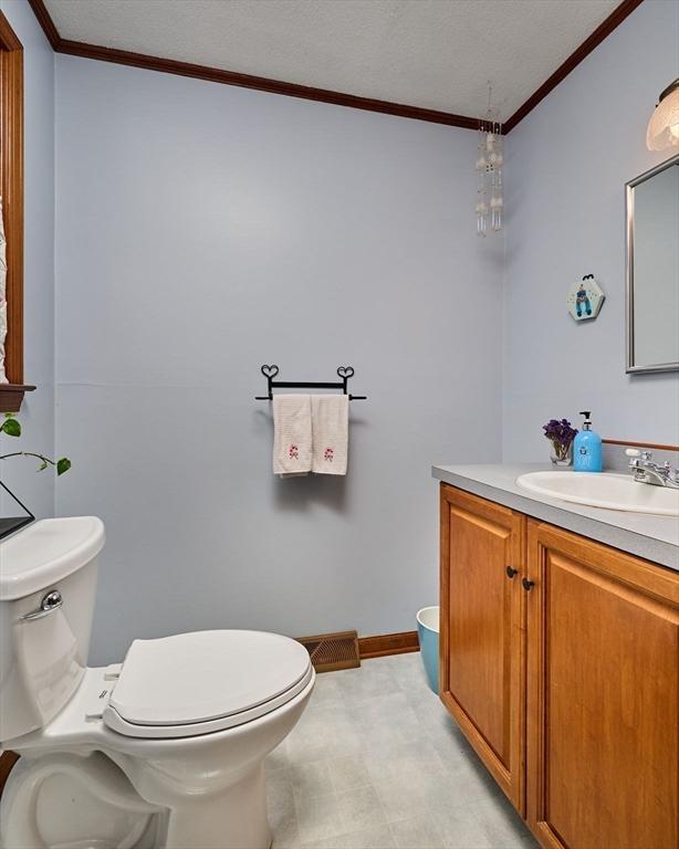 bathroom featuring vanity, crown molding, toilet, and a textured ceiling