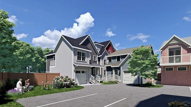 view of front facade with board and batten siding, fence, an attached garage, and aphalt driveway