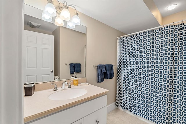 49 Intrepid Cir Unit 49, Marblehead, MA 01945 - full bathroom featuring vanity, tile patterned flooring, a chandelier, and a shower with curtain