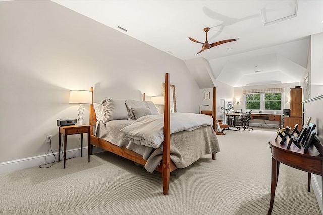 49 Intrepid Cir Unit 49, Marblehead, MA 01945 - bedroom featuring light carpet, attic access, a ceiling fan, vaulted ceiling, and baseboards