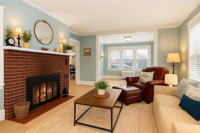 47 Moffatt Rd, Salem, MA 01970 - living room featuring radiator, a fireplace, crown molding, healthy amount of natural light, and light carpet