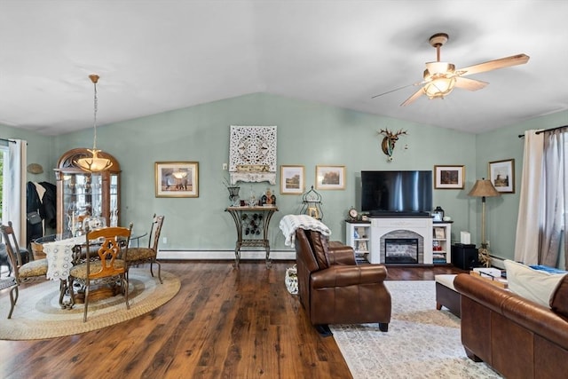 64 Ventura Ln, New Bedford, MA 02745 - living room with lofted ceiling, baseboard heating, ceiling fan, wood finished floors, and a fireplace