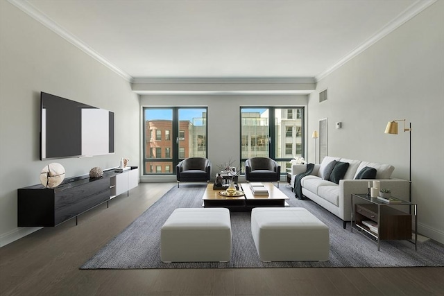 living room featuring dark hardwood / wood-style floors and ornamental molding