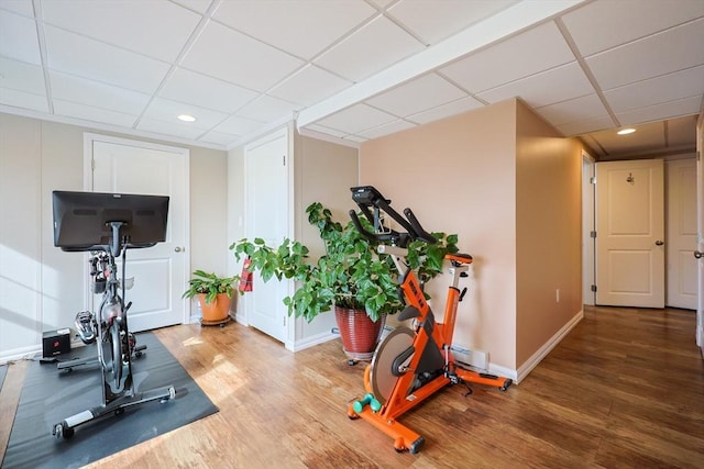 585 Chestnut St, Ashland, MA 01721 - exercise area featuring baseboards, wood finished floors, recessed lighting, and a drop ceiling