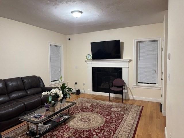 living area featuring wood finished floors, a glass covered fireplace, and baseboards