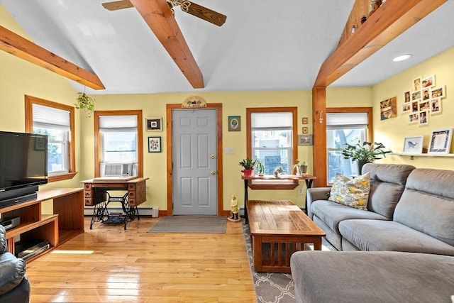 13 Elcott Rd, Quincy, MA 02169 - living area with ceiling fan, light wood-style flooring, a baseboard radiator, cooling unit, and recessed lighting