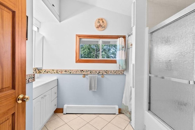 13 Elcott Rd, Quincy, MA 02169 - bathroom with baseboard heating, vanity, tile patterned floors, and enclosed tub / shower combo