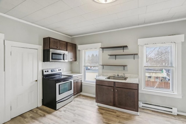 kitchen featuring dark brown cabinetry, a baseboard radiator, appliances with stainless steel finishes, open shelves, and a sink