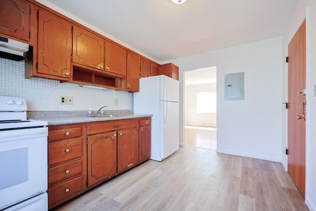 kitchen with white appliances, light wood-type flooring, electric panel, light countertops, and brown cabinets