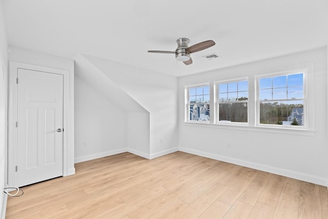 bonus room with a ceiling fan, baseboards, visible vents, and light wood finished floors