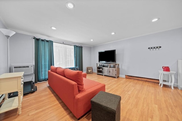 79 Fountain Unit 5, Weymouth, MA 02190 - living area with crown molding, a baseboard radiator, recessed lighting, and light wood-style flooring