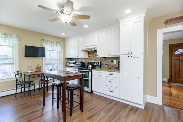 kitchen featuring white cabinets, dark wood-type flooring, and stainless steel range with electric stovetop