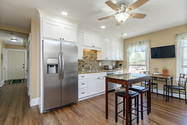 191 Providence St, Putnam, CT 06260 - kitchen featuring stainless steel appliances, ceiling fan, dark wood finished floors, and recessed lighting