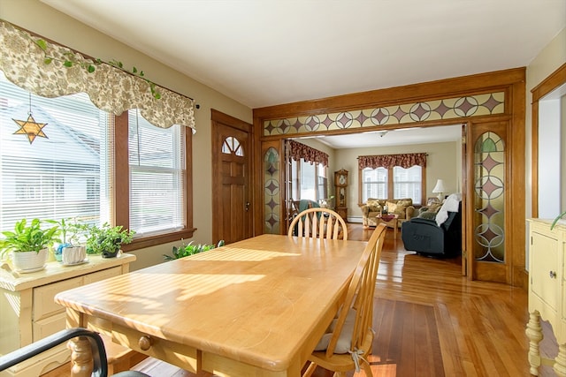 dining space featuring wood-type flooring