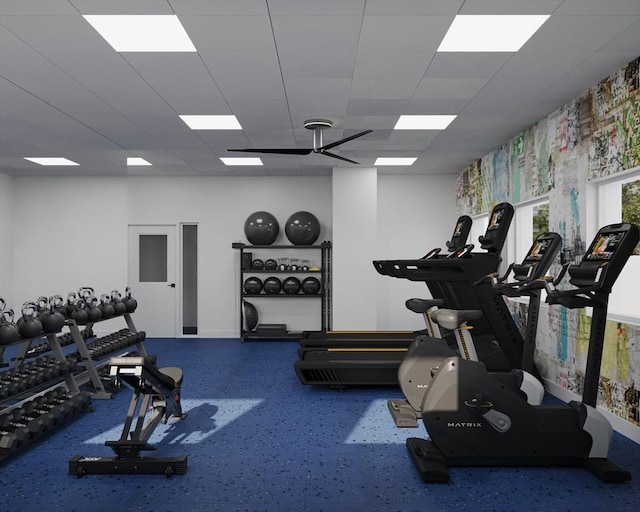 workout area featuring ceiling fan