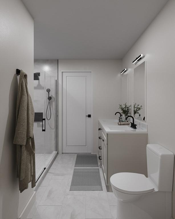 bathroom featuring an enclosed shower, vanity, and toilet