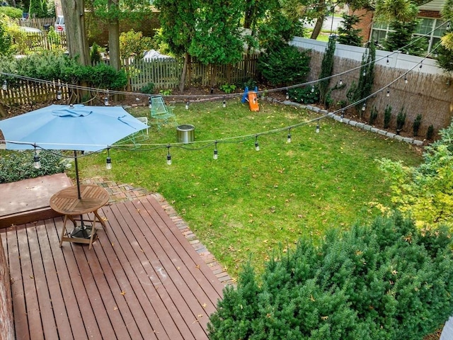 view of yard with a fenced backyard and a deck