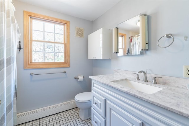 bathroom featuring plenty of natural light, visible vents, a baseboard radiator, and vanity