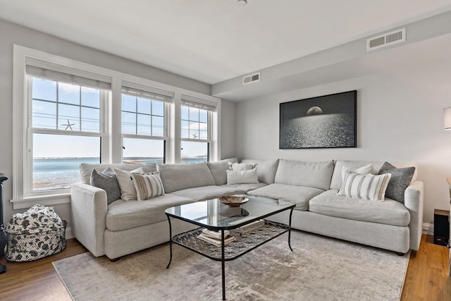 living area featuring visible vents and wood finished floors