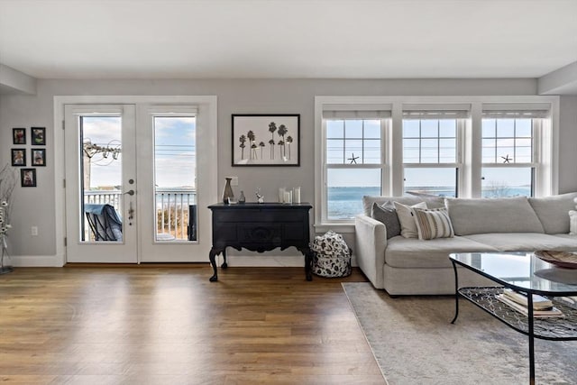 living area with wood finished floors, french doors, and baseboards