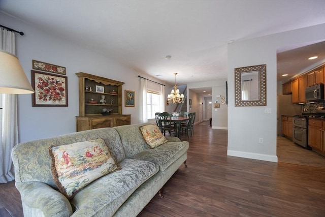 140 Commonwealth Ave Unit 38, North Attleboro, MA 02763 - living area featuring dark wood finished floors, a chandelier, baseboards, and recessed lighting