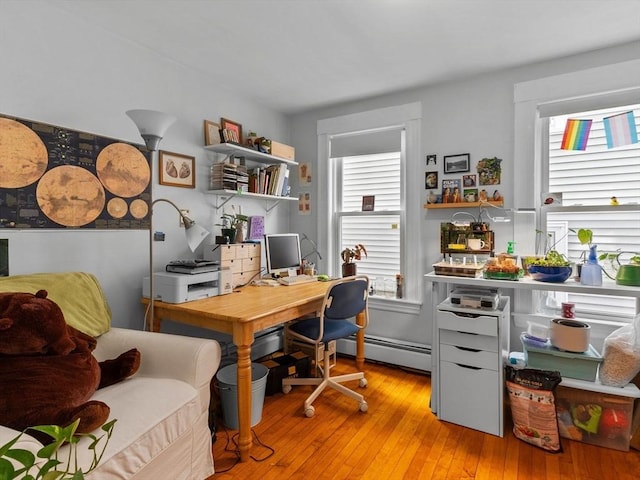 office space featuring baseboard heating and light wood finished floors