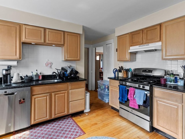 kitchen with appliances with stainless steel finishes, tasteful backsplash, light wood-type flooring, a sink, and under cabinet range hood