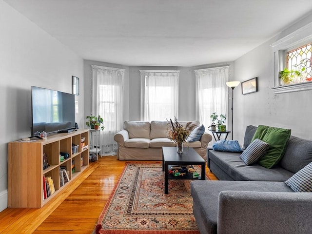 living room with light wood-style flooring and a healthy amount of sunlight