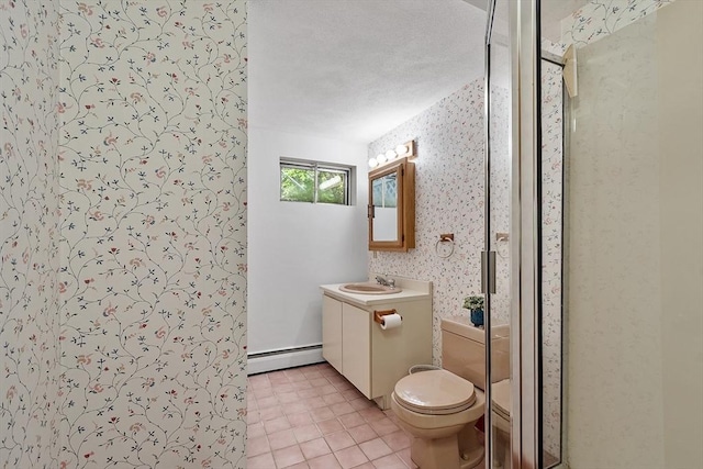15 Greenbrook Rd, Hamilton, MA 01982 - full bathroom featuring wallpapered walls, a baseboard heating unit, vanity, a stall shower, and tile patterned flooring