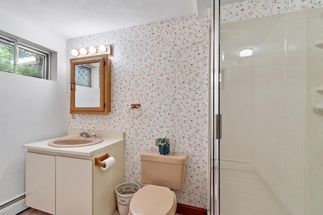 15 Greenbrook Rd, Hamilton, MA 01982 - bathroom with baseboard heating, a shower stall, vanity, wallpapered walls, and a textured ceiling